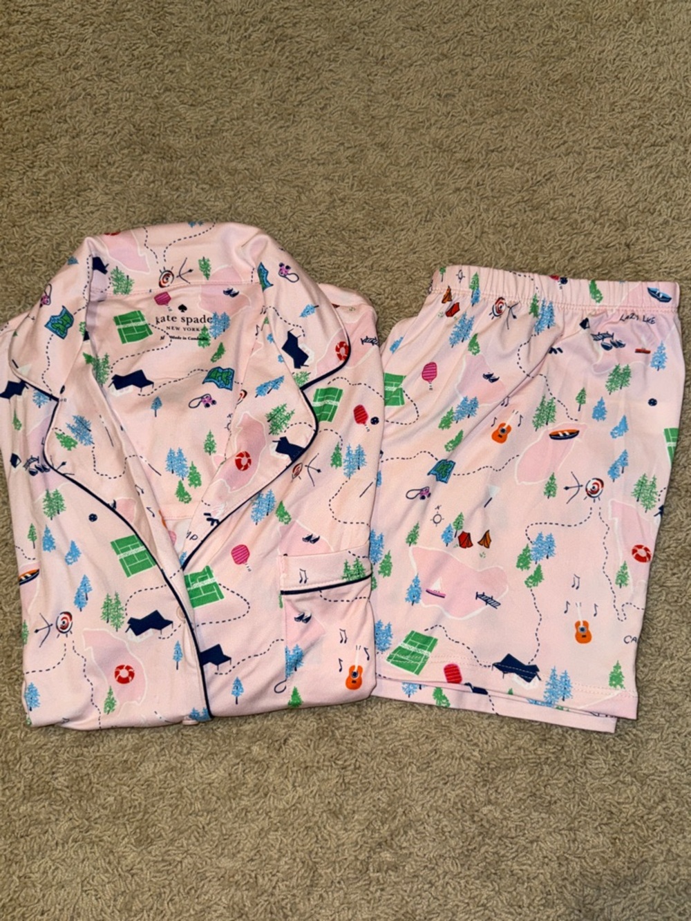kate spade Pink Printed Two-Piece Pajama Set with Multicolor Outdoor Motifs